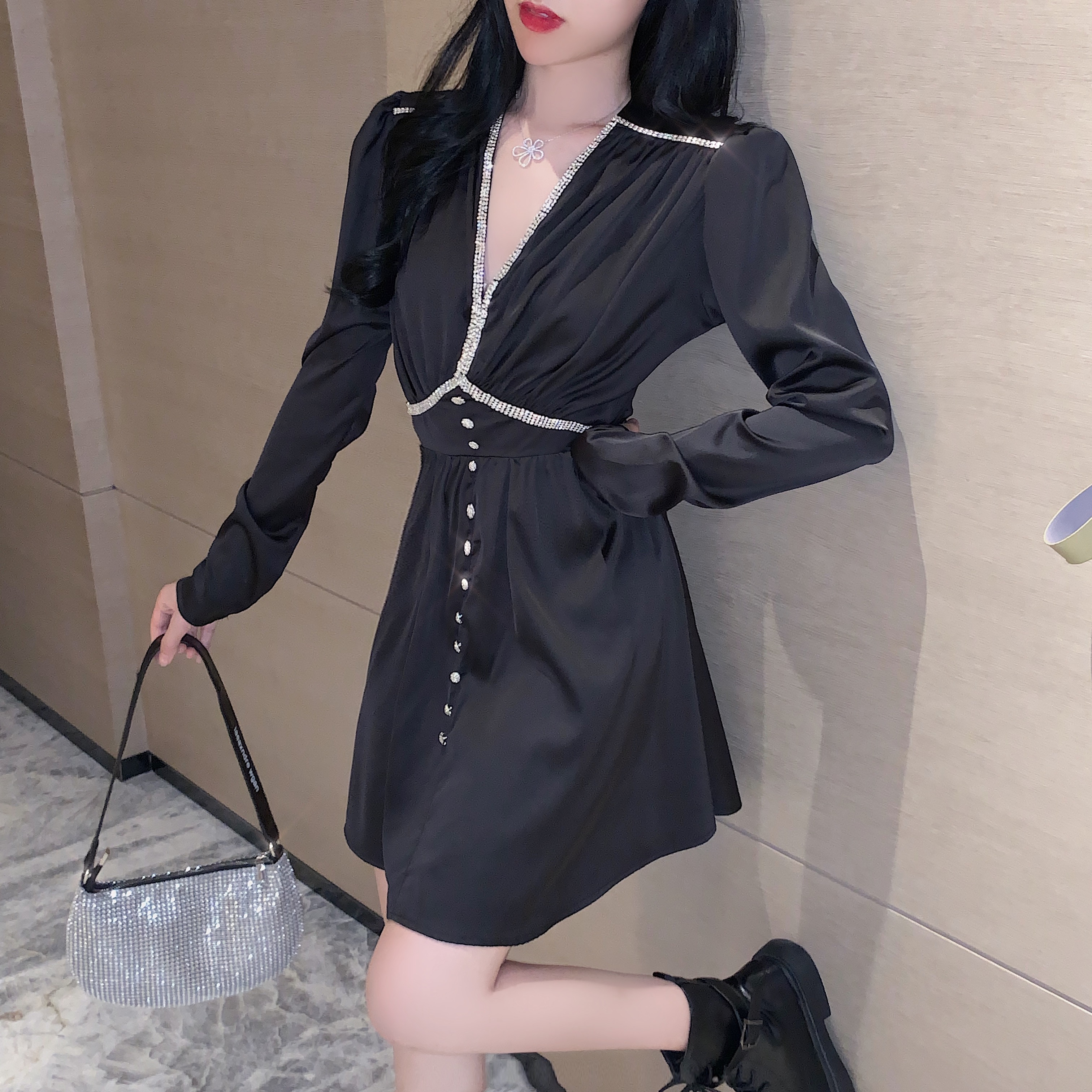 Diamond - Encrusted V-Neck Mosaic Long-Sleeve Dress