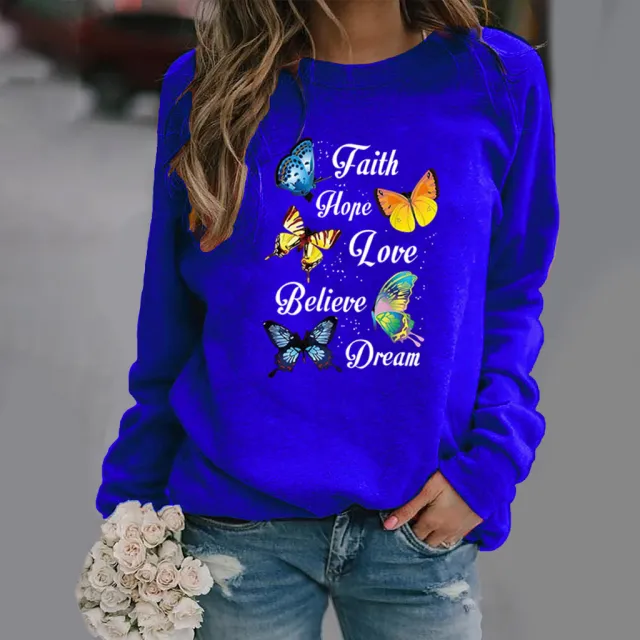 Butterfly Print Long sleeved Round Neck Sweatshirt Blue - Shop at LoveMi