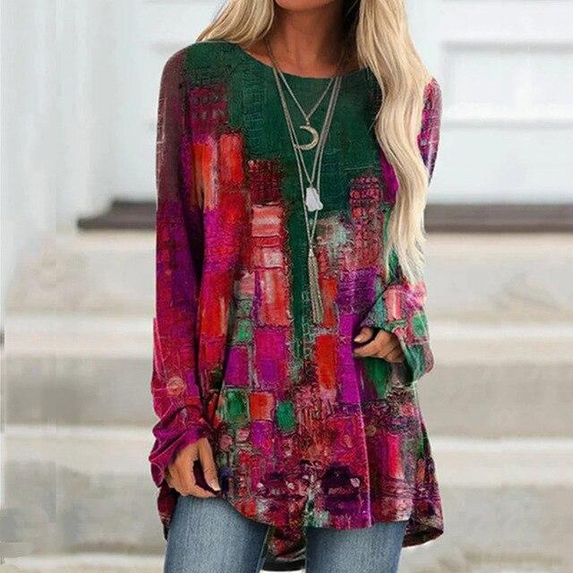 Retro Long-Sleeved Color Block Print Top