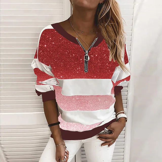 V neck Loose Pullover Striped Starry Sky Print Women's Clothing Red - Shop at LoveMi