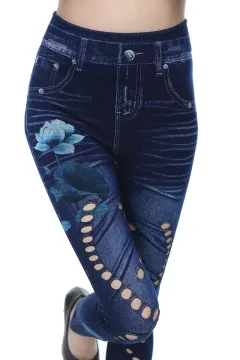Seamless Cotton Faux Denim Cutout Leggings - 32Imitation Denim-Xl - View 1