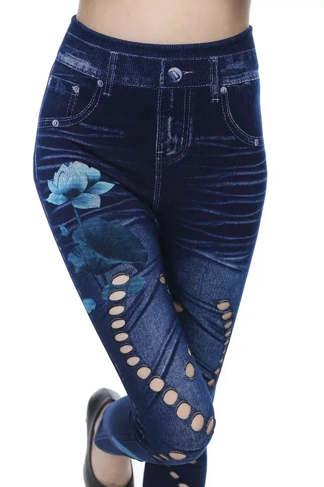 Seamless Cotton Faux Denim Cutout Leggings - 32Imitation Denim-3Xl