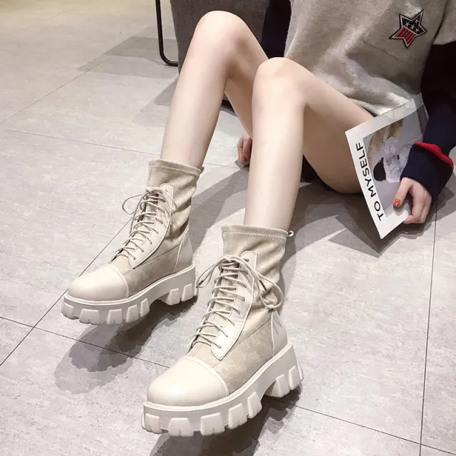 New Thick soled Increased Short Spring and Autumn Martin Boots Beige - Shop at LoveMi