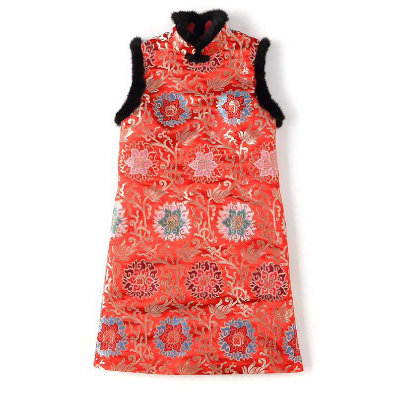 Chinese Style Brocade Guanyin Flower Rabbit Fur Stitching Thick Sleeveless Cheongsam
