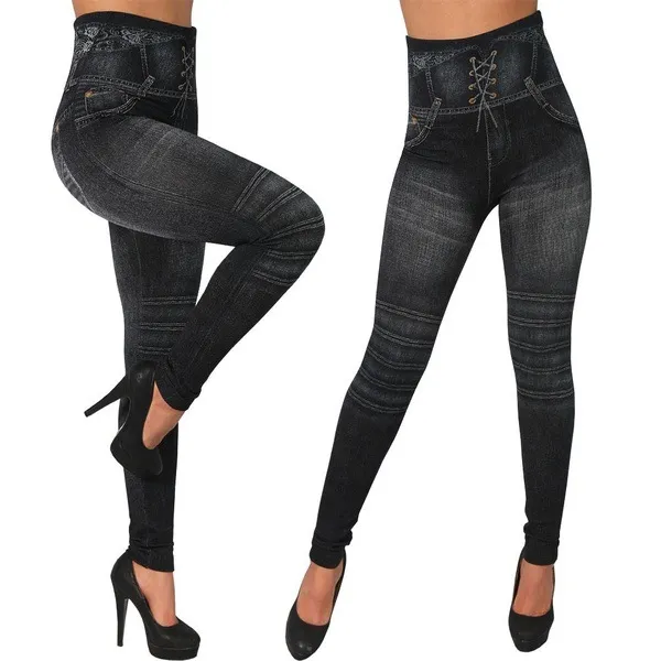 Seamless Cotton Faux Denim Cutout Leggings - Black