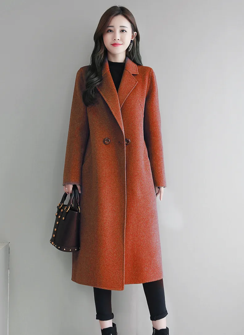 Solid Color Suit Collar Long-sleeved Woolen Coat - Brick Red