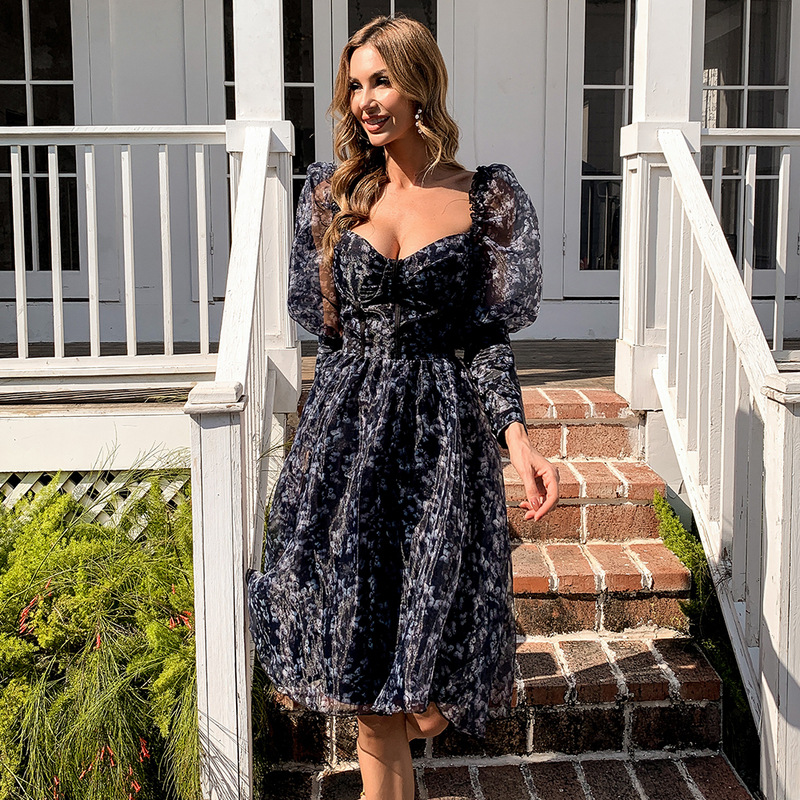 Summer Floral Square Neck Dress Slim Printed Skirt