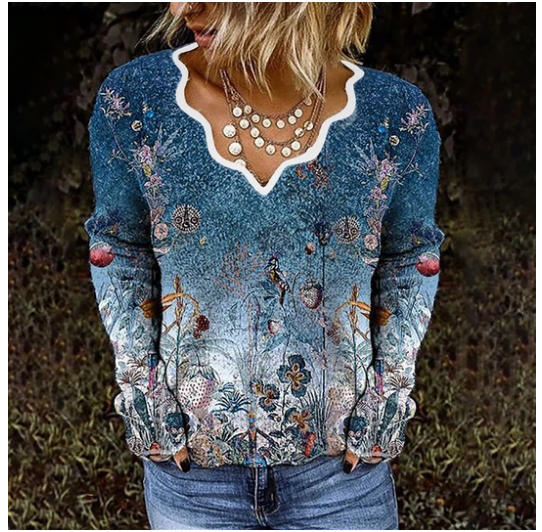 V-neck Pullover Print Long-sleeved T-shirt Top