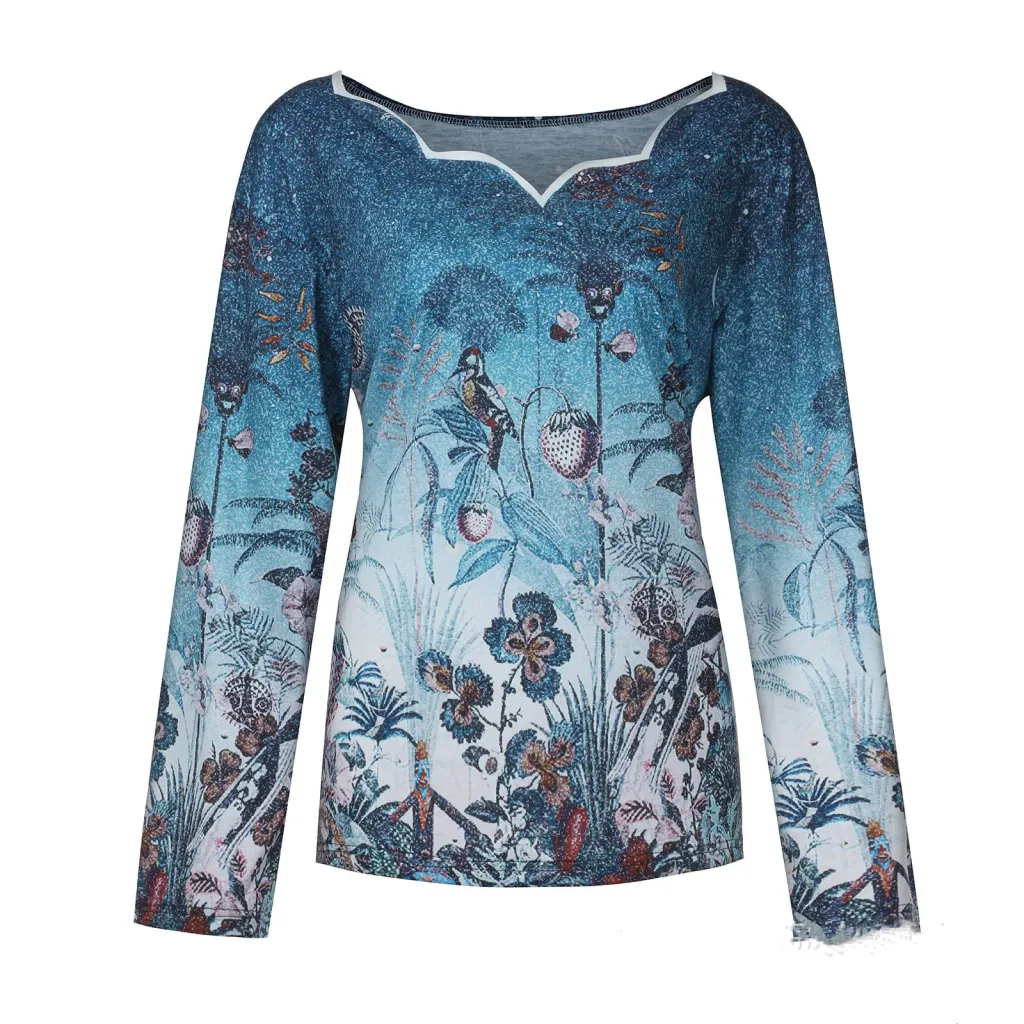 V-neck Pullover Print Long-sleeved T-shirt Top - Blue