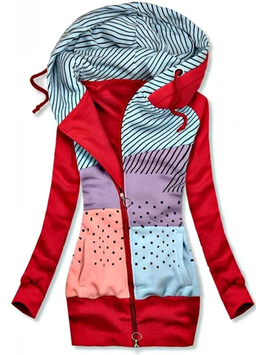 Zip Color Block Hooded Long Sleeve Coat