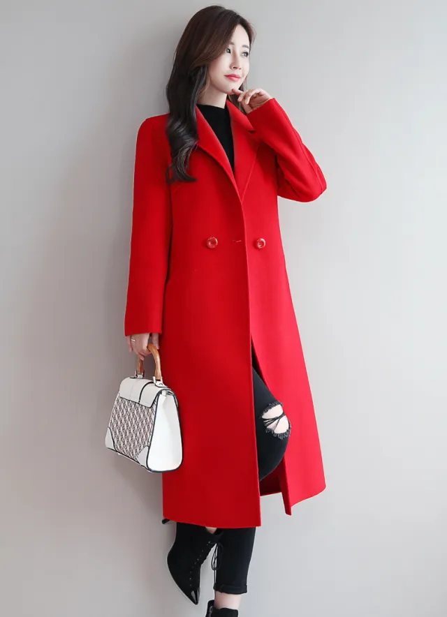 Solid Color Suit Collar Long sleeved Woolen Coat Red - Shop at LoveMi