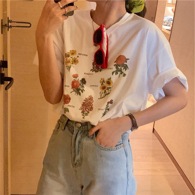 Printed Net Red Loose Mid-Length Short-Sleeved T-Shirt