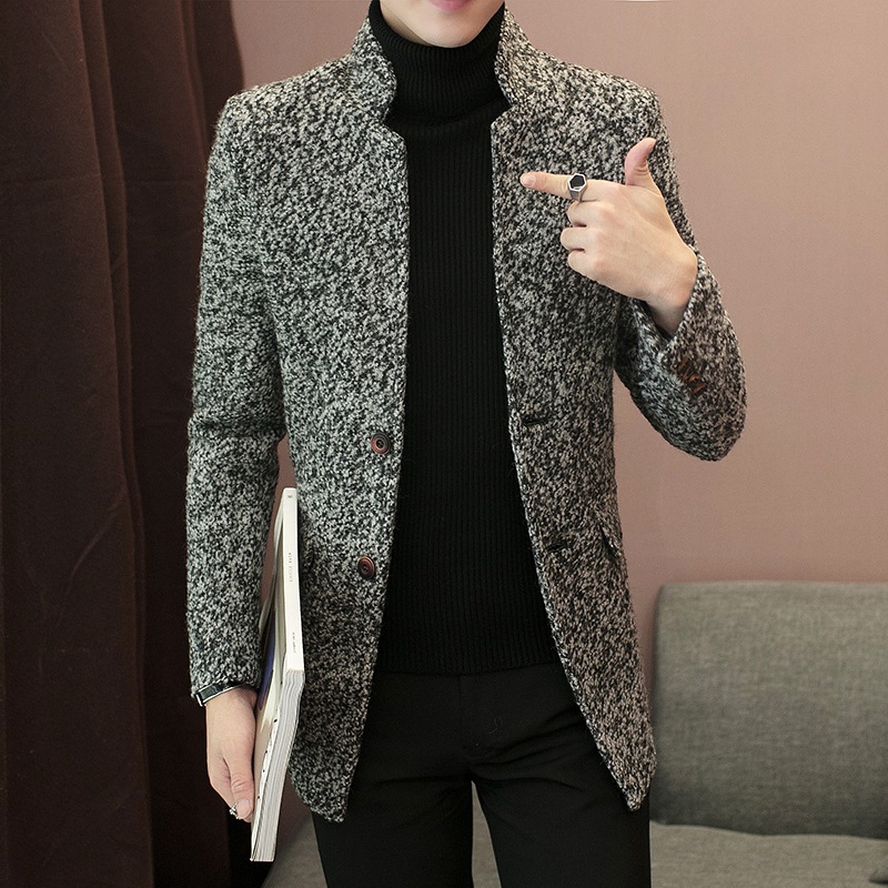 Youth Mid-Length Windbreaker Fashion Woolen Stand Collar Coat Trendy Men's Jacket