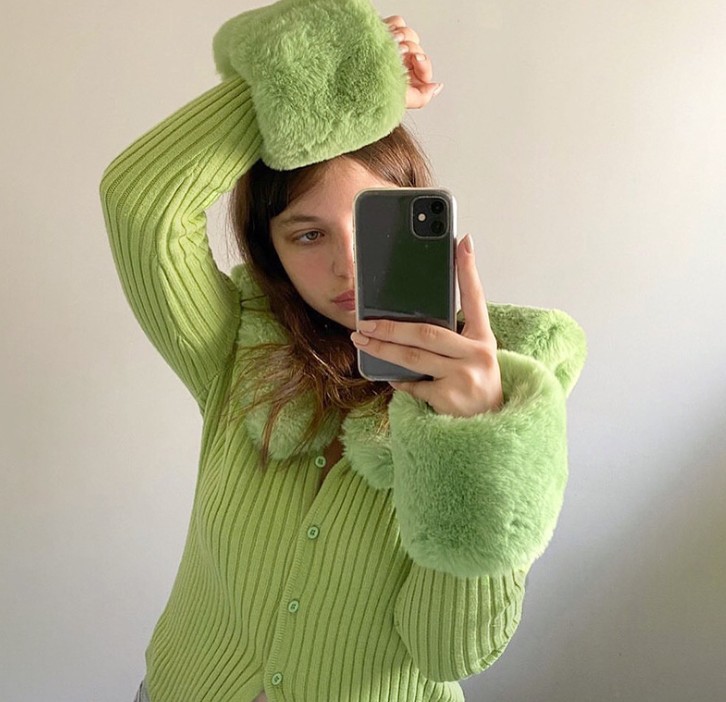 Temperament Furry Collar And Furry Cuff Knitted Cardigan Sweater