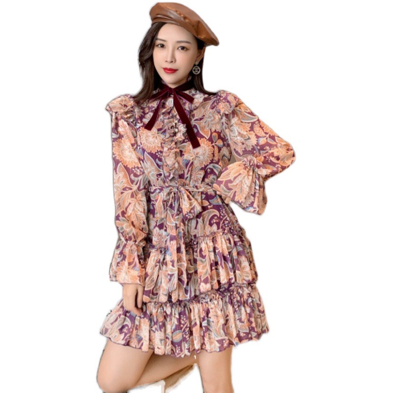 Retro Floral Print Bow Long-sleeved Jumpsuit Skirt
