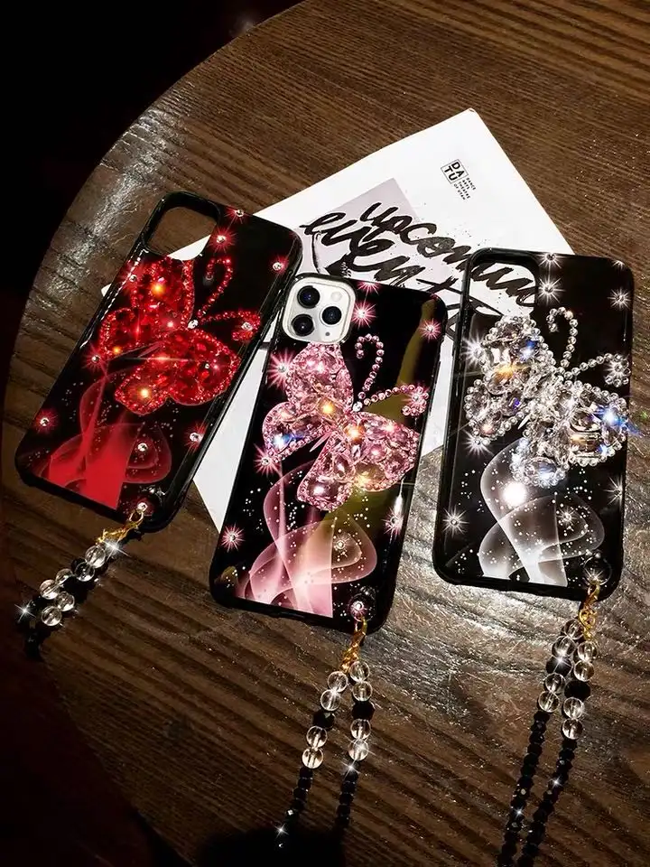 Luxury PINK Rhinestone Butterfly Glitter Lanyard Phone Case