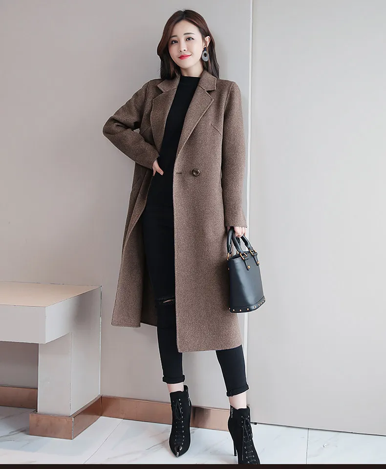 Solid Color Suit Collar Long-sleeved Woolen Coat - Coffee