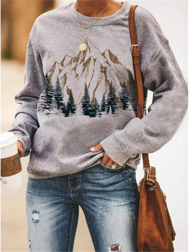 Casual Loose Forest Print Long Sleeve Sweatshirt Grey - Shop at LoveMi