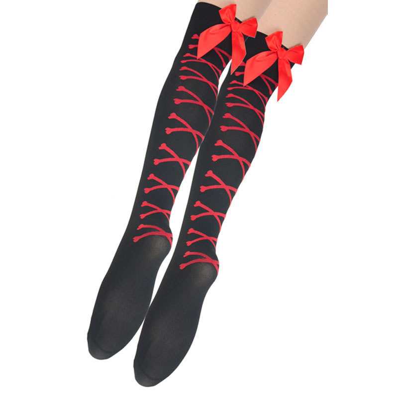 Small Bone Stockings With Pink Bow On The Back Of The Leg
