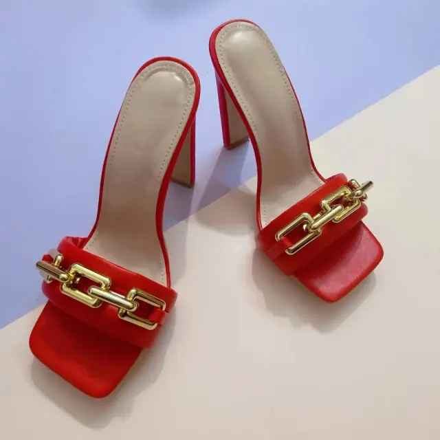 Sandals And Slippers Fashion Square Chain High Heel Red - Shop at LoveMi