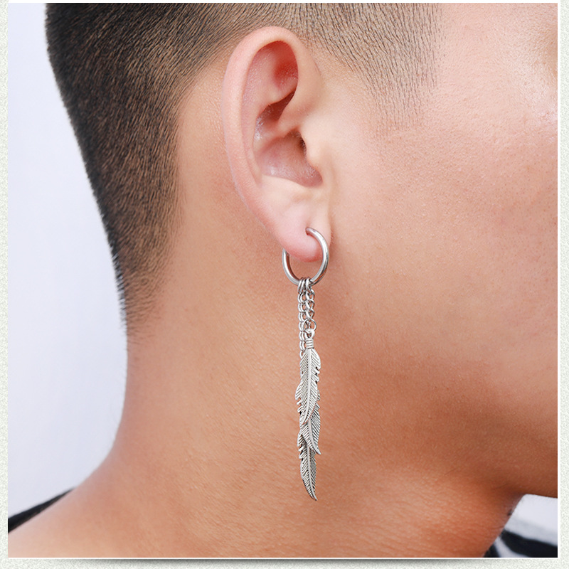Fringe Chain Male Hipster Leaf Pierced Earrings