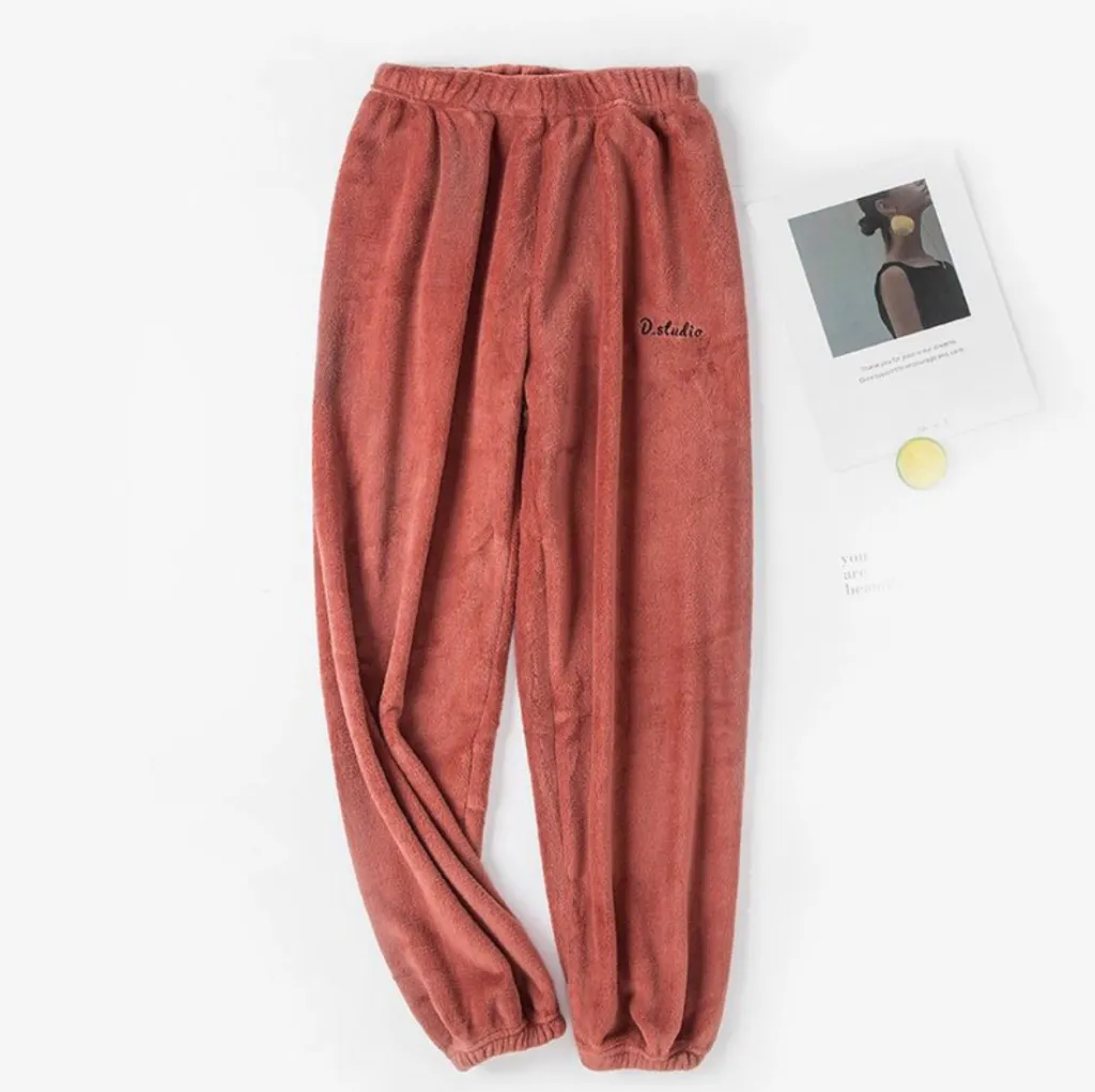 Korean Style Warm Coral Fleece Casual Loose Pajamas - Maroon