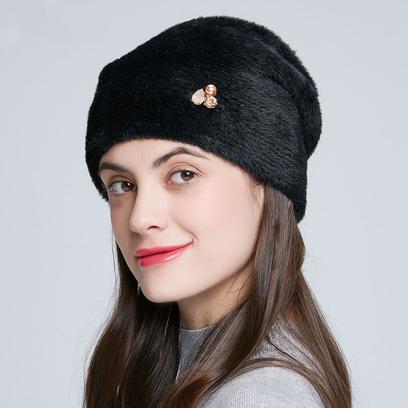 Imitation Mink Knit Wool Hat Women Rhinestone Fashion