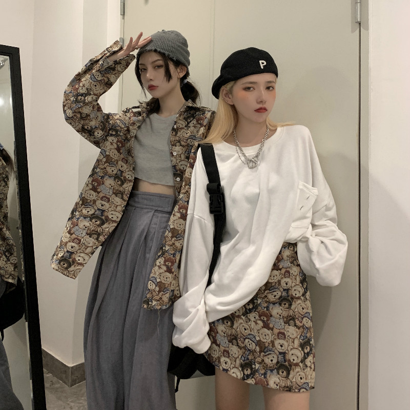 Net Red Retro Bear Shirt Thin Jacket + High Waist Slim Skirt Trend