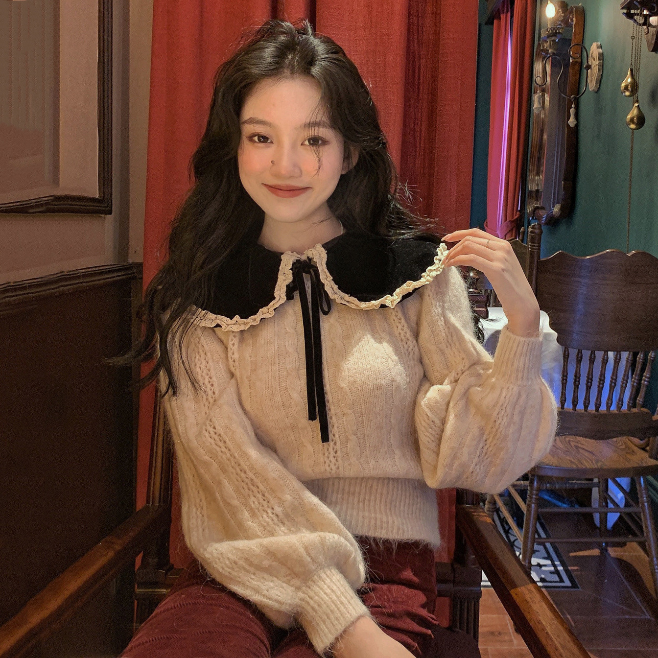 Retro Hong Kong Style Doll Collar Outer Pullover Sweater Women