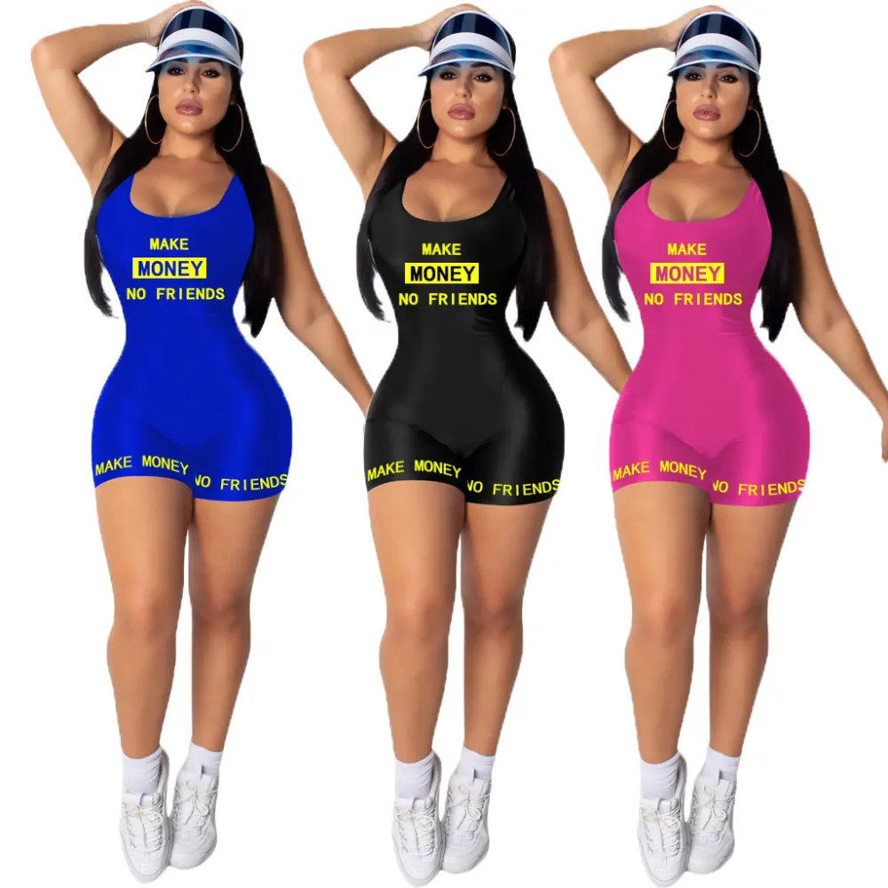 Women Casual Sports Jumpsuit Summer Sleeveless Vest Letter Print