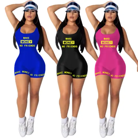 Women Casual Sports Jumpsuit Summer Sleeveless Vest Letter Print