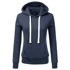 Women's Solid Color Long-Sleeved Loose Hooded Sweater Top - Navy Blue - View 1