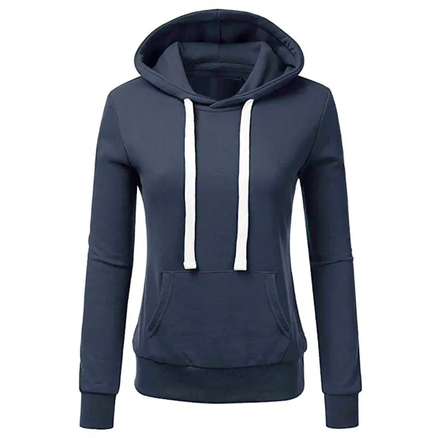 Women's Solid Color Long Sleeved Loose Hooded Sweater Top Navy Blue - Shop at LoveMi