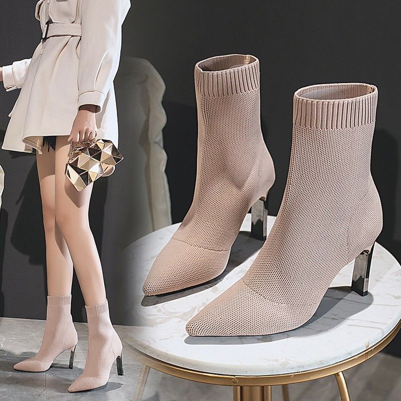 Pointed Socks Boots High Heels Elastic Boots Flat Heel Wool