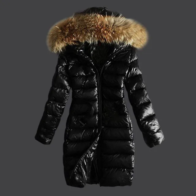 Long Quilted Jacket With Fur Collar And Raccoon Fur Black - Shop at LoveMi