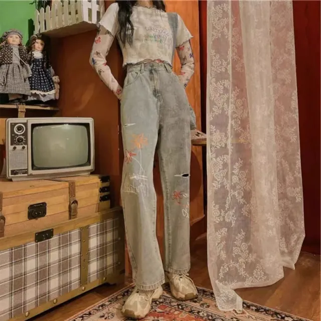 Retro Print Thin Loose High Waist Slim Straight Wide Leg Pants Blue - Shop at LoveMi