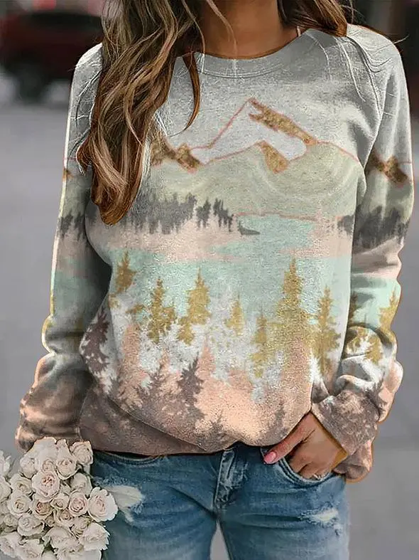 Landscape Print Long-sleeved Round Neck Casual Sweater - 5-M