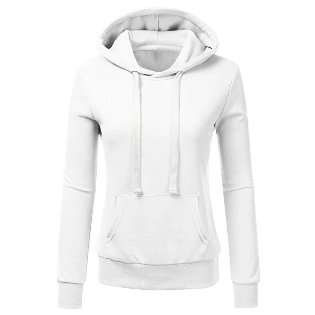 Women's Solid Color Long-Sleeved Loose Hooded Sweater Top - White