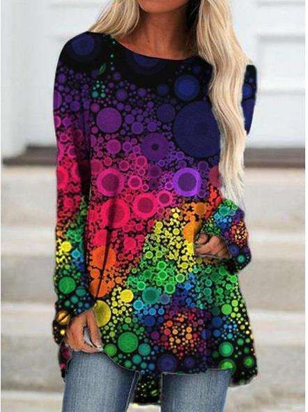 Round Neck Polka Dot Color Printed Long Sleeve