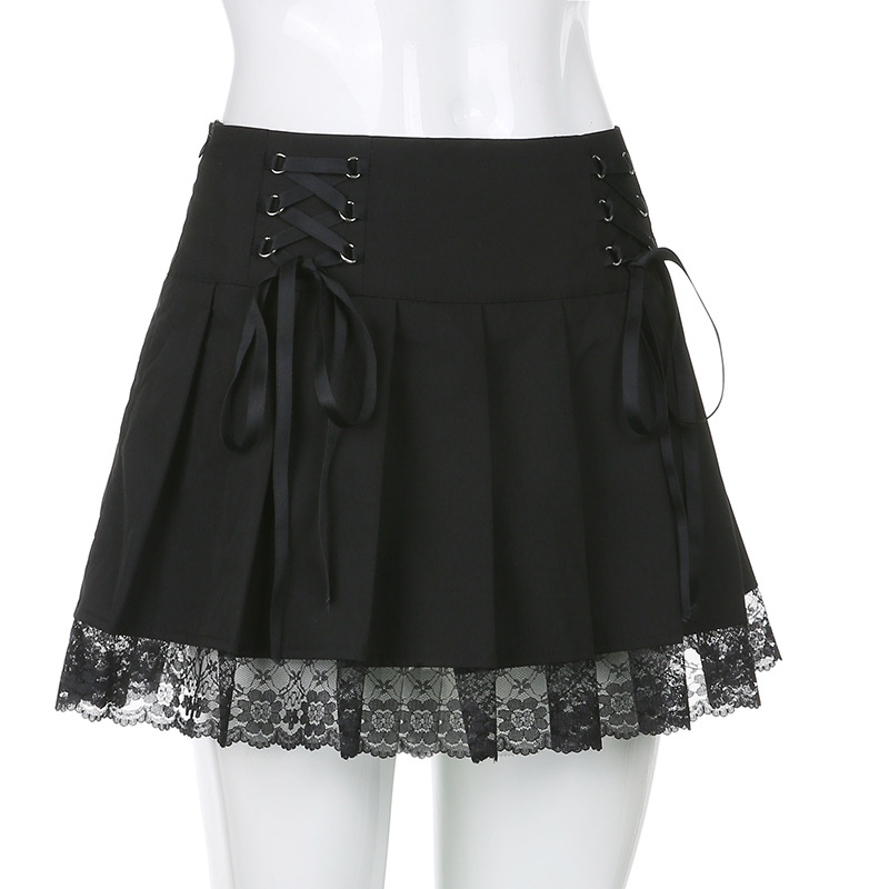 Fashion Black Short Skirt With Black Lace And Tie