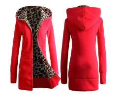 Hooded Thickening Leopard Print Sweater Plush Coat Female - Red - View 1