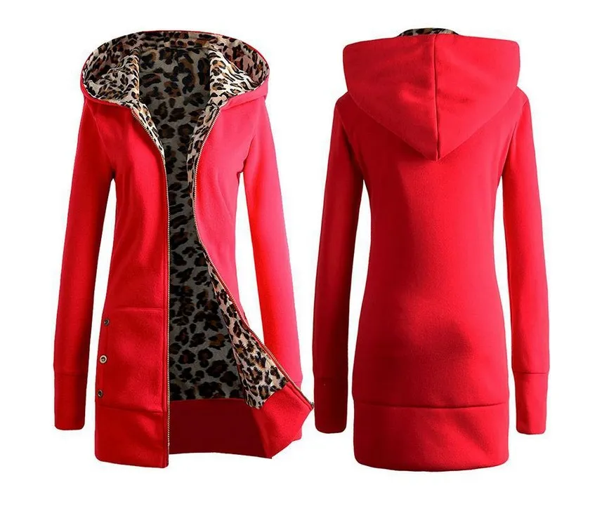 Hooded Thickening Leopard Print Sweater Plush Coat Female - Red