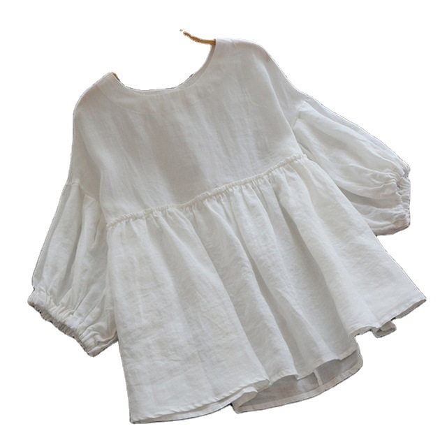 Lantern Sleeve Shirt Women's Button Cotton And Linen Lace Top