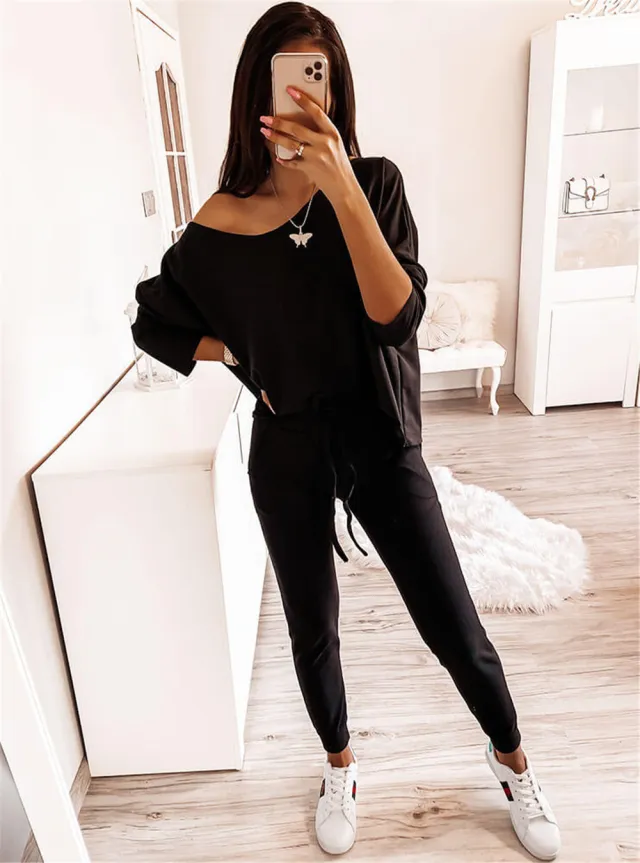 Solid Color Long Sleeve Off Shoulder 2 piece Suit Black - Shop at LoveMi