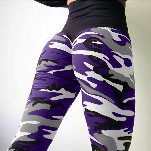 Hips high waist camouflage stitching slim yoga seven points bottoming pencil pants - Purple High Waist