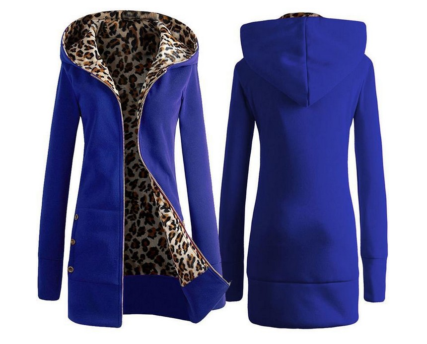 Hooded Thickening Leopard Print Sweater Plush Coat Female Blue - Shop at LoveMi
