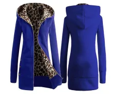 Hooded Thickening Leopard Print Sweater Plush Coat Female - Blue - View 1