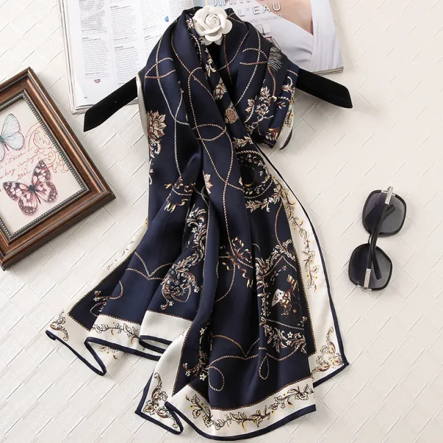 Silk Printed Scarf Medium Length Satin Sunshade Shawl Navy Blue - Shop at LoveMi