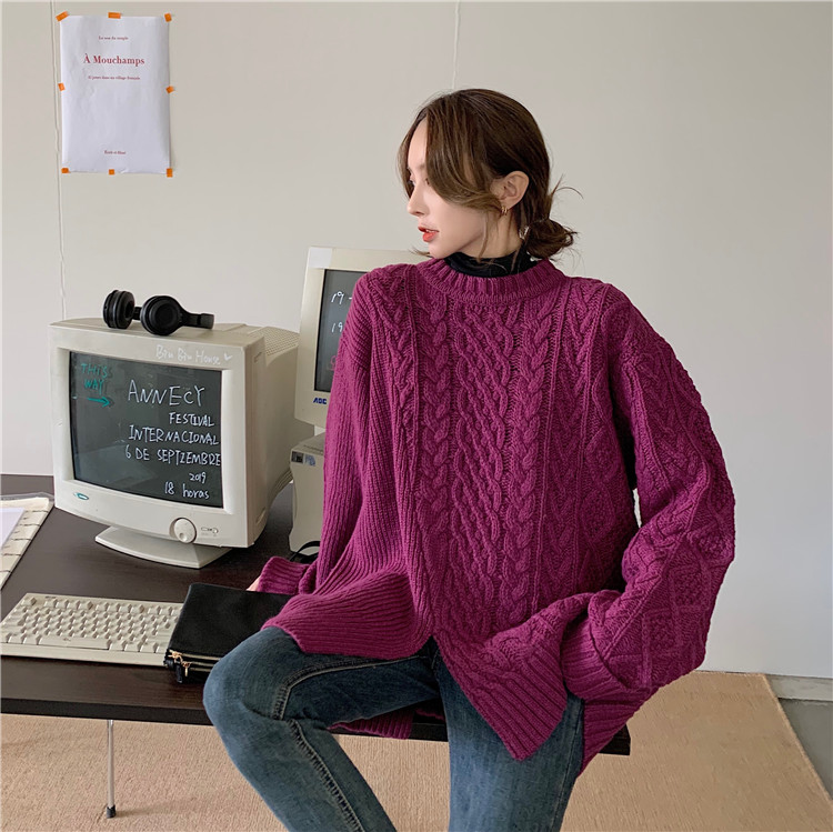 Loose And Versatile Round Neck Twist Split Design Winter Sweater