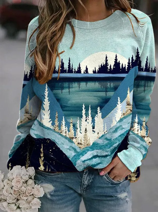 Landscape Reflection Print Ladies Sweatshirt Green - Shop at LoveMi